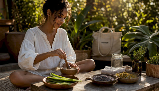 Woman making natural skincare mixture at home kitchen