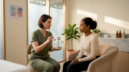 Dermatologist explaining skin hydration to patient