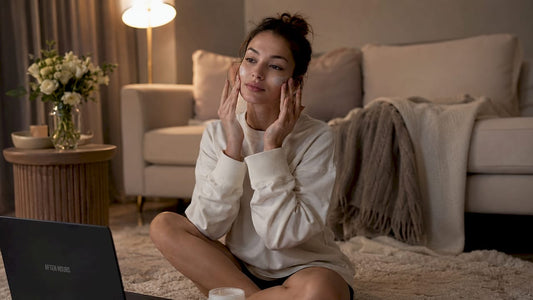 Woman applying skincare cream at vanity