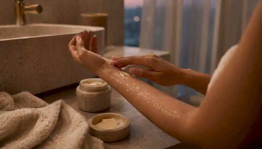 Hands applying melting body butter on skin
