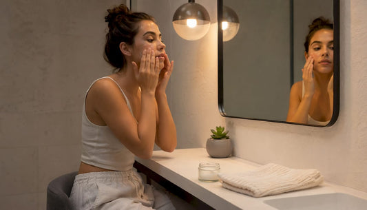 Young woman applying moisturizer to face