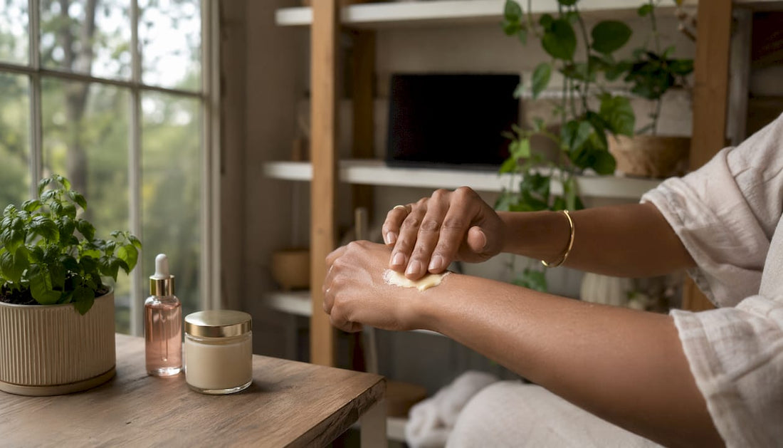 Hands applying plant butter on forearm