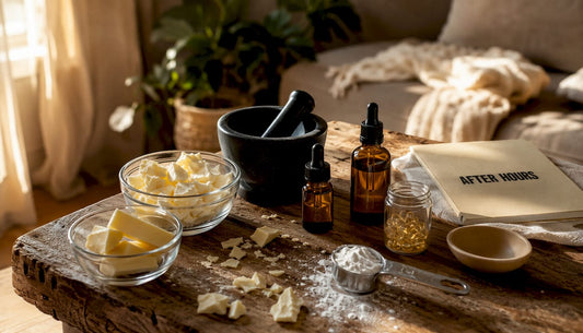 Overhead view of luxury body butter ingredients on table