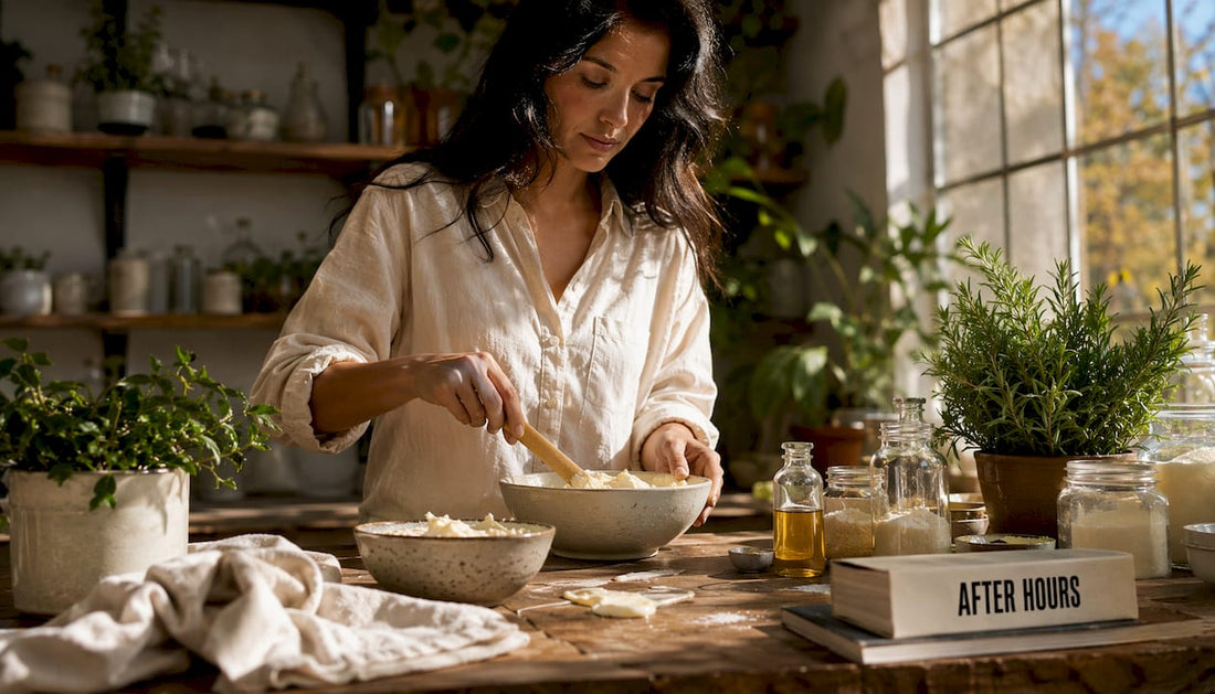 Skincare formulator measuring natural butters in lab