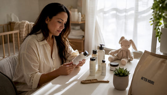 Mother reading natural baby skincare labels in nursery