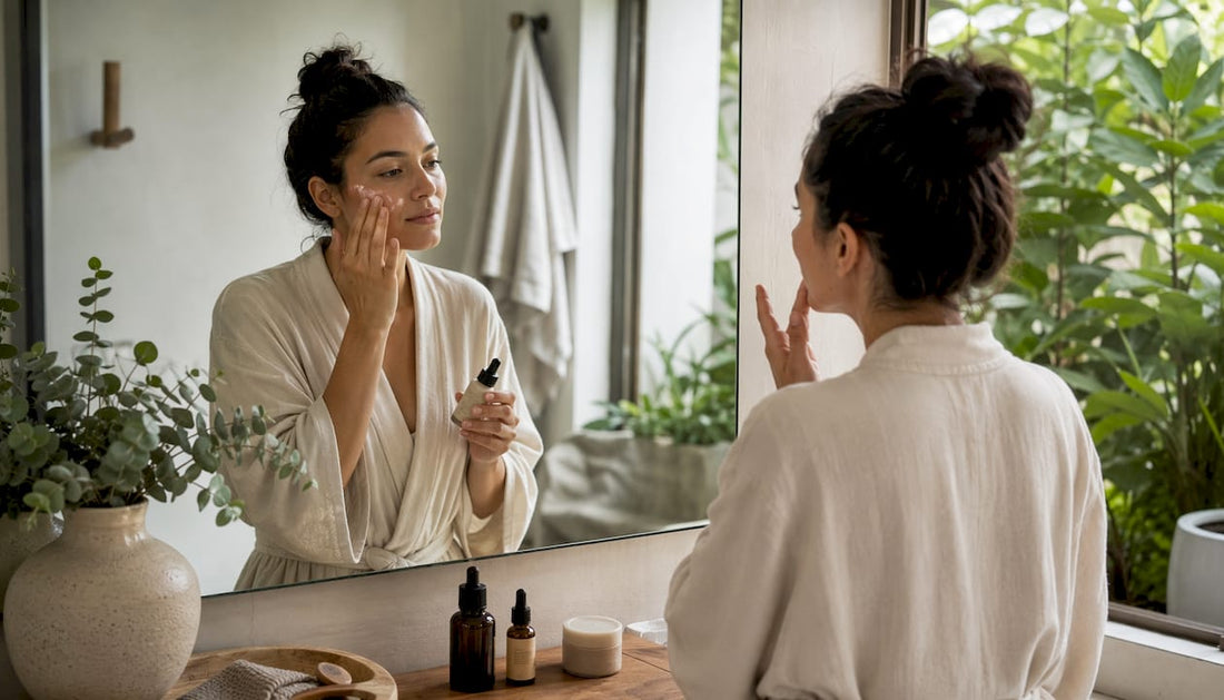 Woman applying serum to damp skin