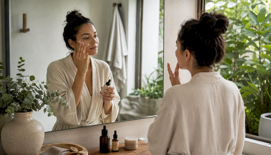 Woman applying serum to damp skin