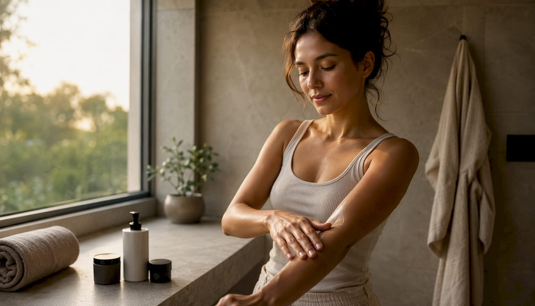 Woman applying vegan body moisturizer at home