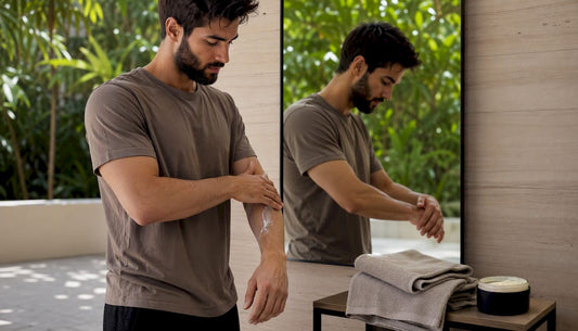 Man applying body butter in bathroom