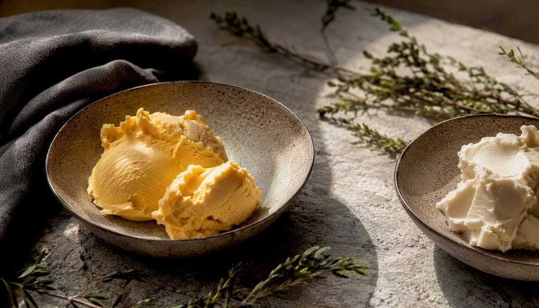 Close-up of mango and shea butter in dishes