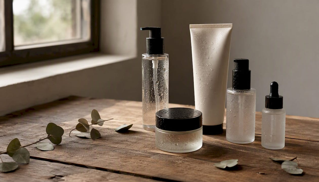 Glass and plastic skincare containers close-up