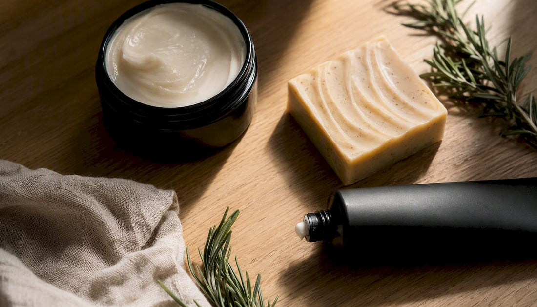 Flat lay of vegan body care gift items