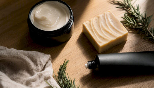 Flat lay of vegan body care gift items