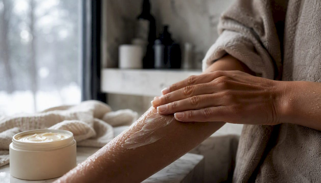 Hands applying creamy body butter to damp skin