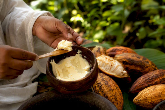 Hands scooping natural cocoa butter