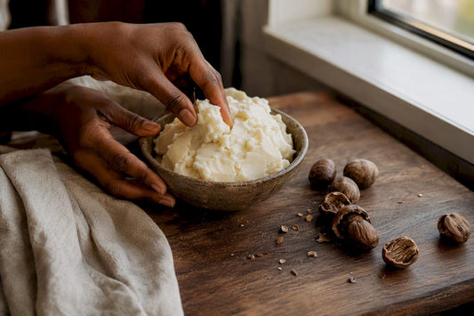 Hand scooping creamy unrefined shea butter from bowl
