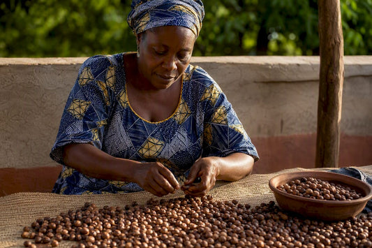 Woman sorting shea nuts at cooperative table