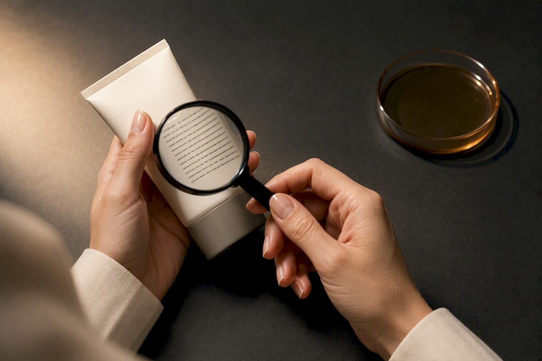 Hands inspecting an anonymous skincare ingredient label