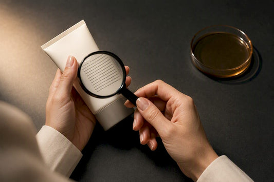 Hands inspecting an anonymous skincare ingredient label