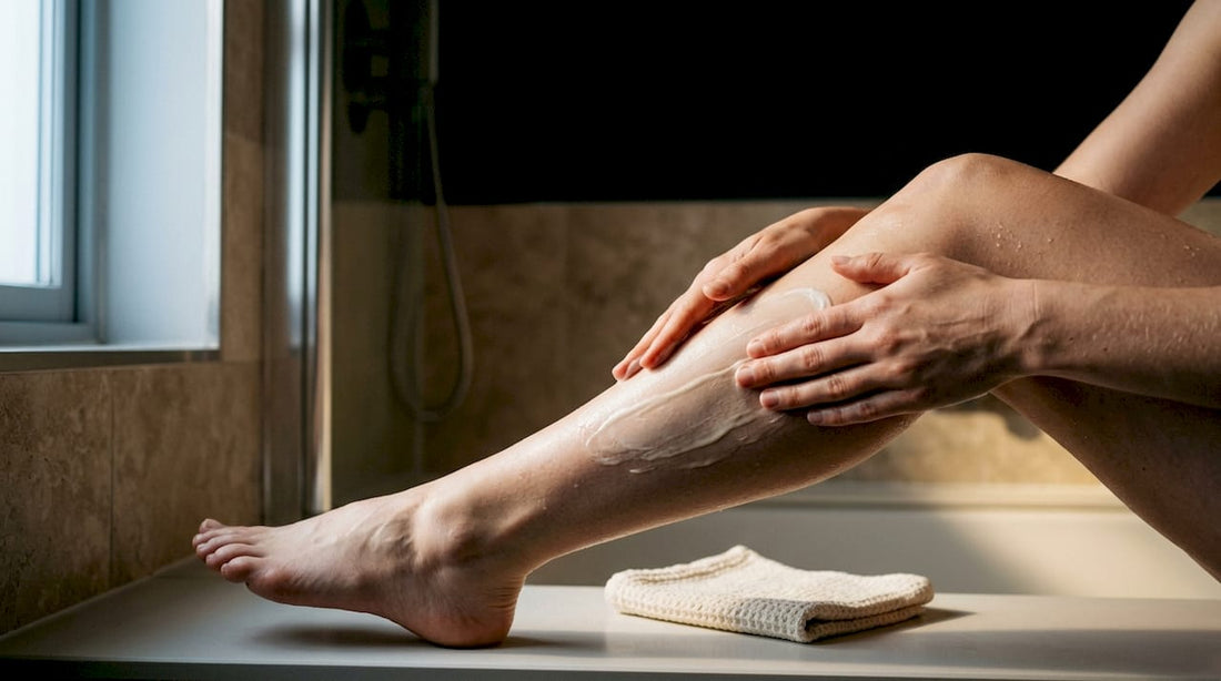 Hands applying body butter to damp shin