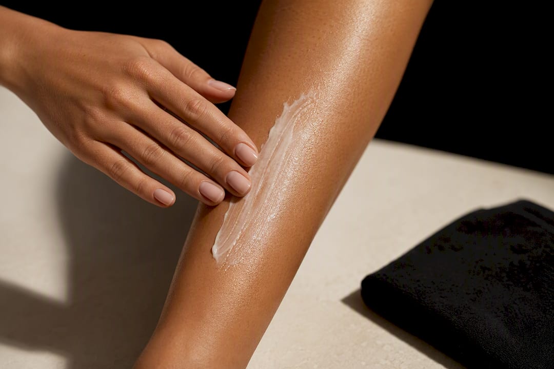 Hands applying moisturizer to tanned skin