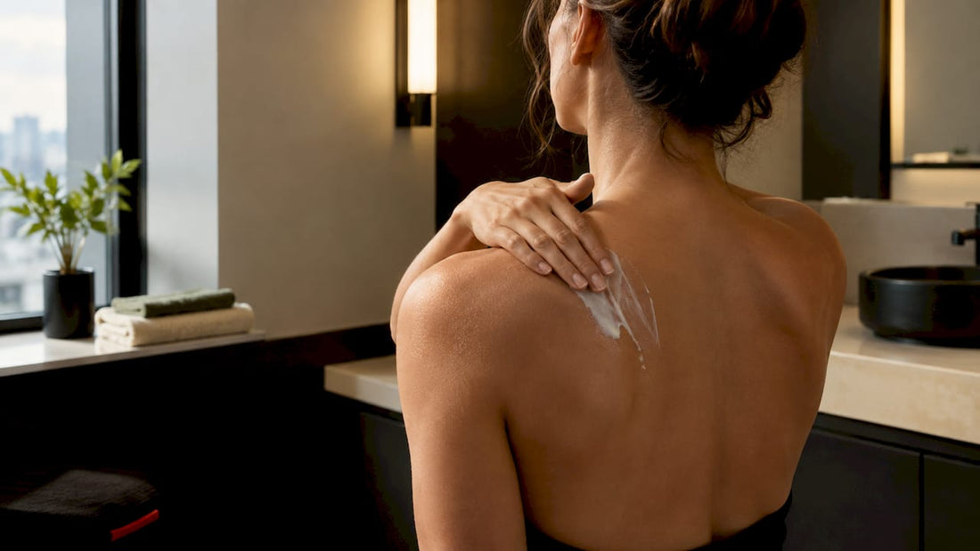 Person applying moisturiser to upper back