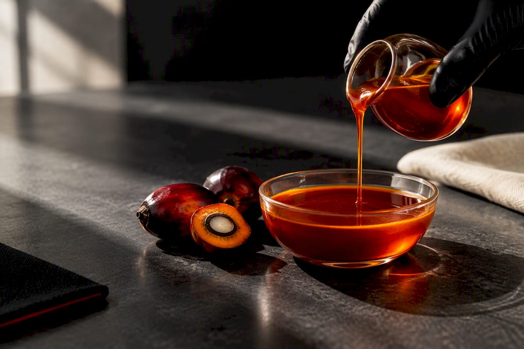 Unrefined red palm oil beside palm fruit