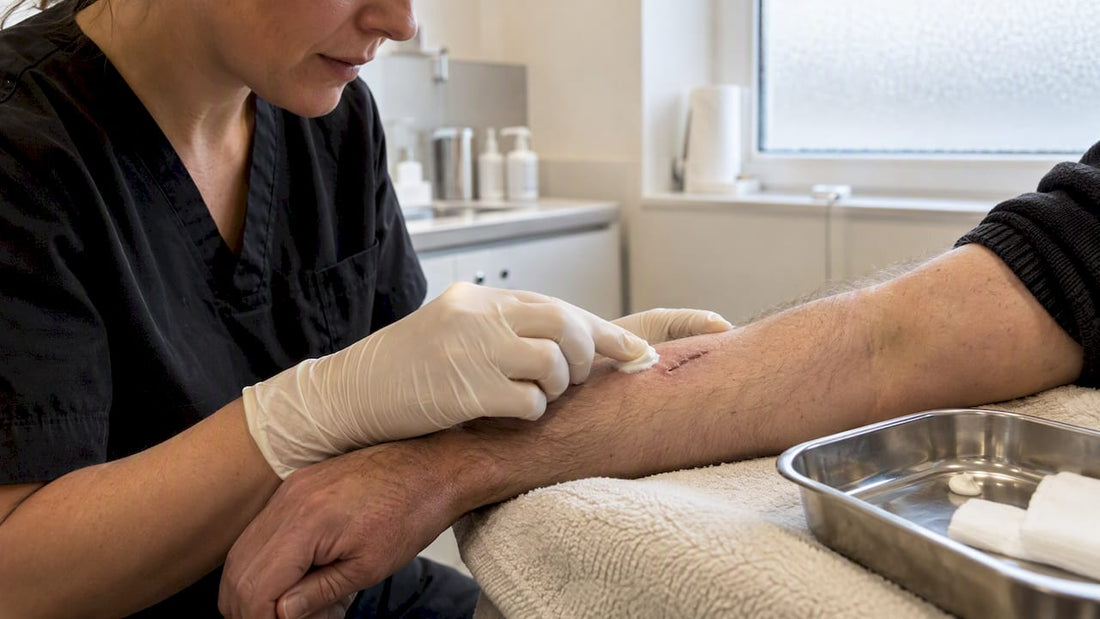 Clinician applying cream to healing forearm