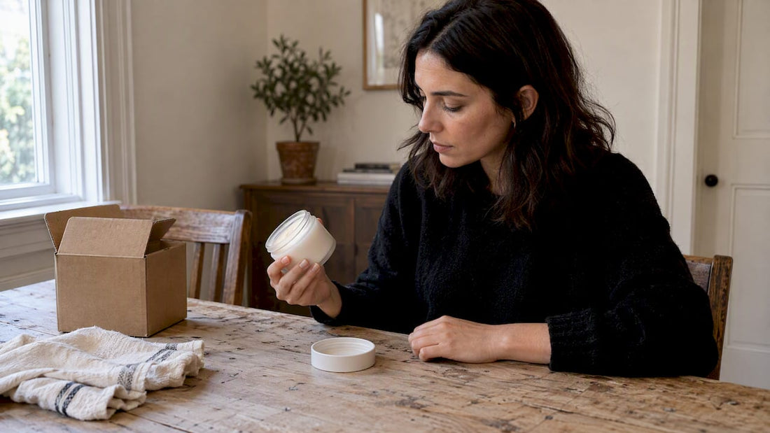 Shopper examining sustainable body butter packaging